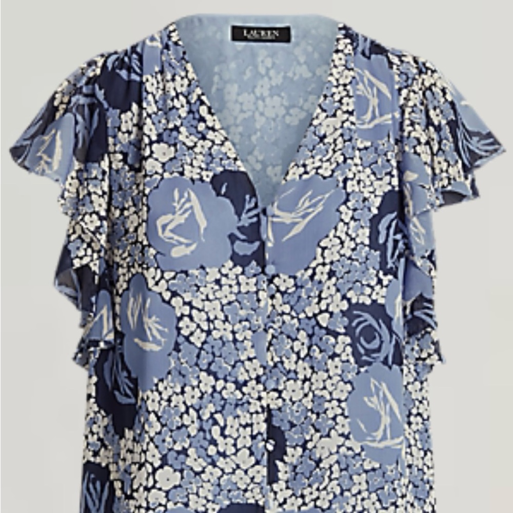 NWTs Ralph Lauren Floral Crinkle Georgette Shirt Blue $125 msrp Large LG